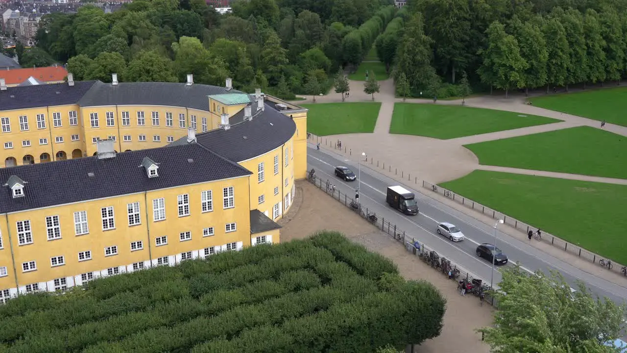 Traffic on Roskilde road outside Frederiksberg castle in Copenhagen Denmark High angle view