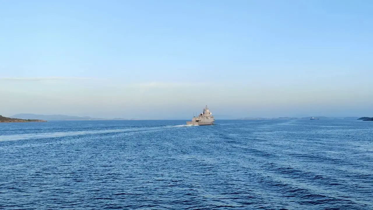 Frigate Fridtjof Nansen from Norway navy is sailing towards naval base Haakonsvern in Bergen