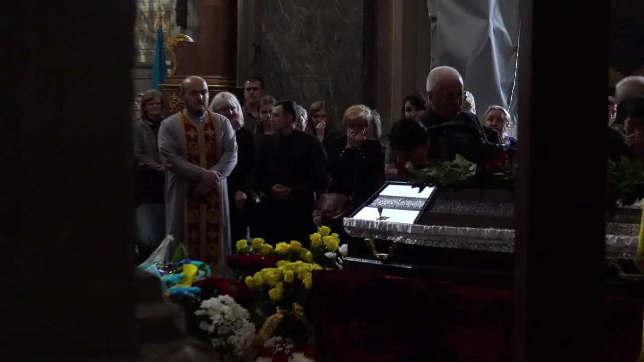 Mourners Gather And Cry At The Coffin Of A Dead Ukrainian Soldier During A Funeral Service In Lviv Ukraine