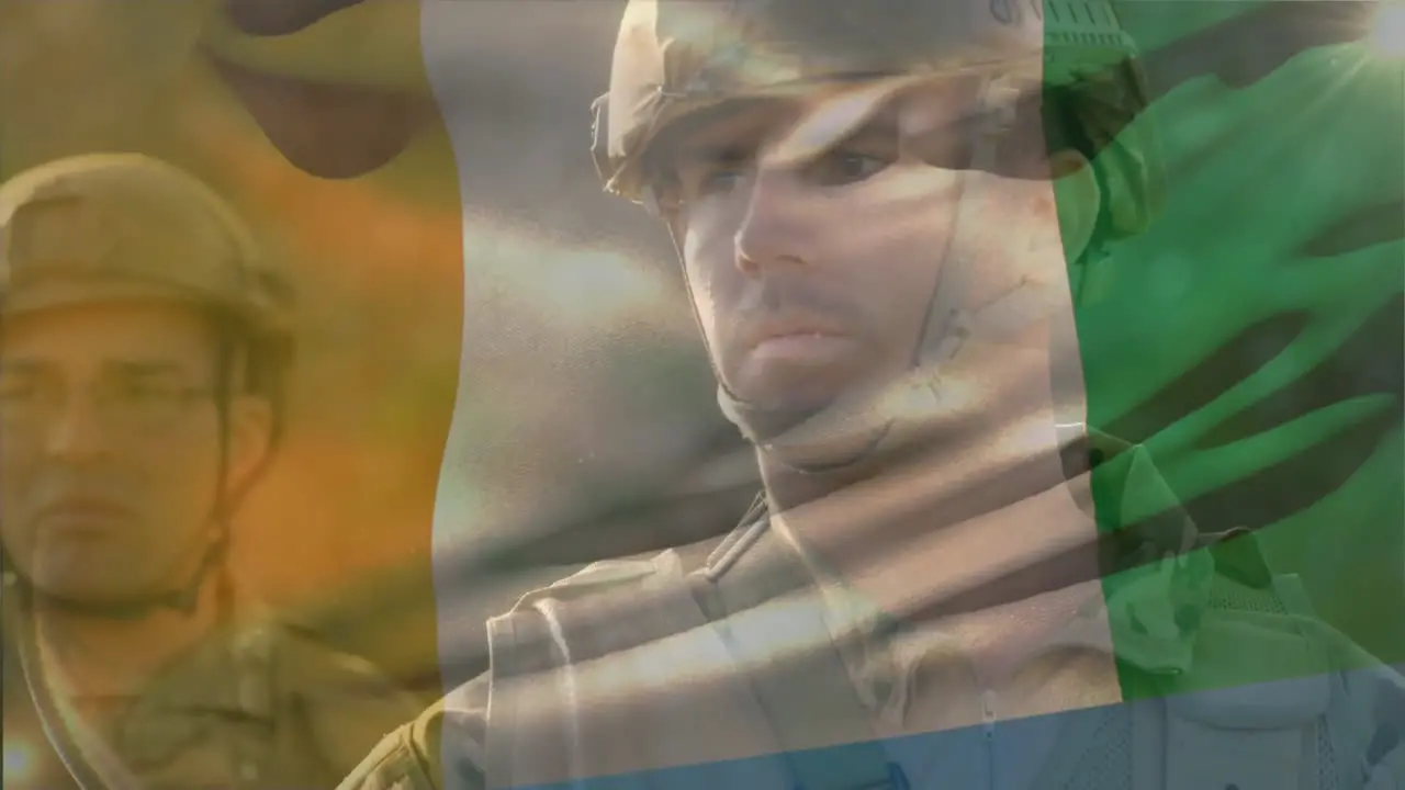 Animation of flag of ivory coast over caucasian male soldiers standing in forest