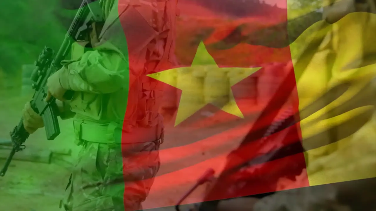 Animation of flag of cameroon over caucasian male soldiers holding weapons and walking