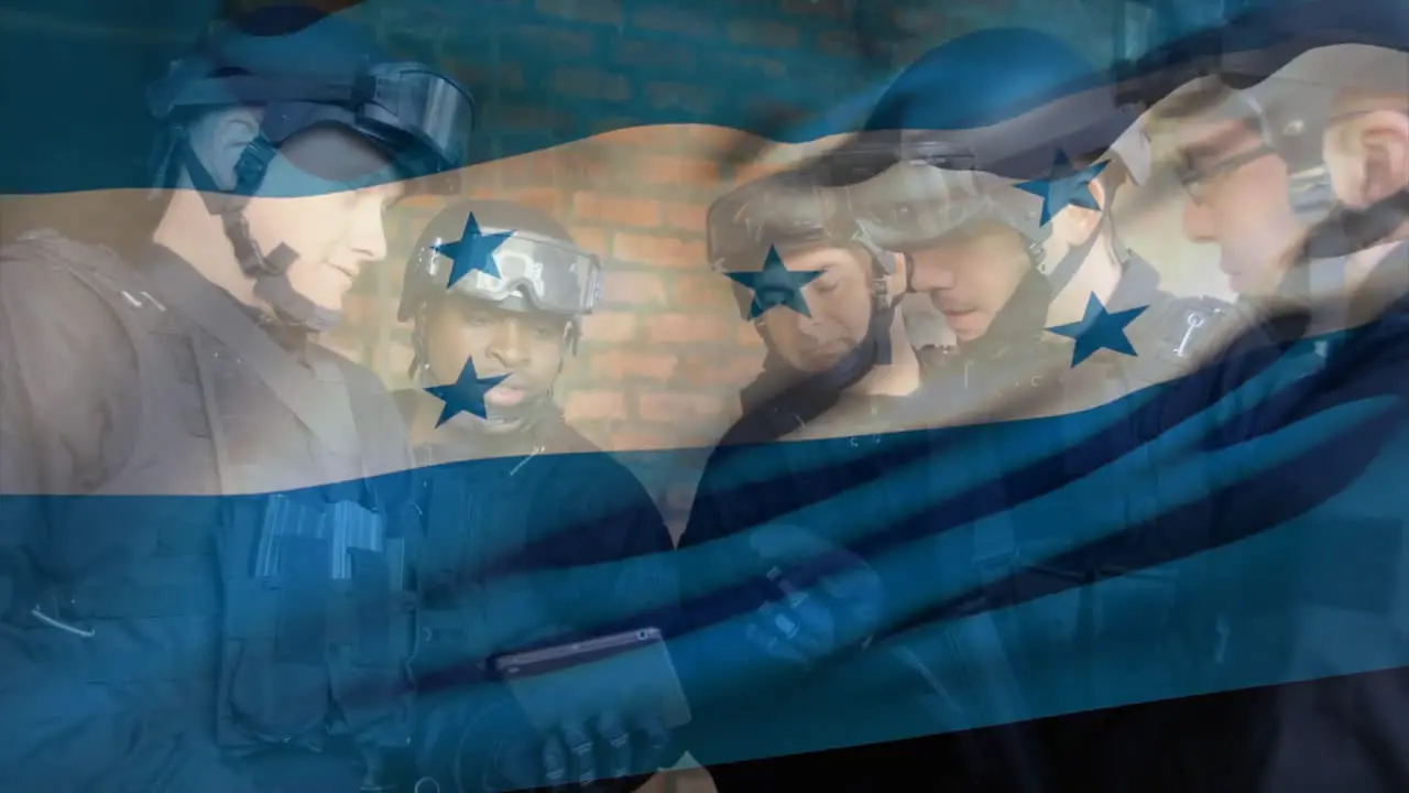 Animation of flag of honduras over caucasian male soldiers using tablet and planning strategy