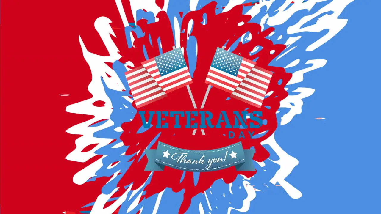 Animation of veterans thank you text and american flags over red white and blue paint splashes