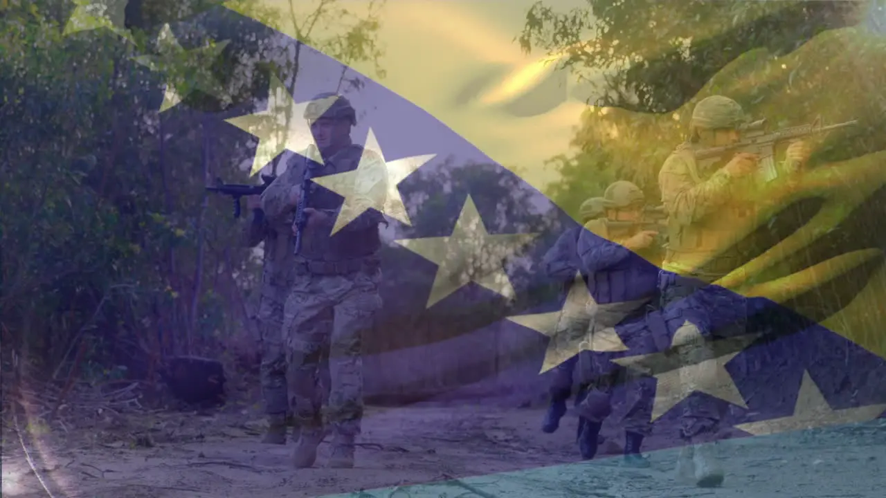 Animation of bosnia and herzegovina flag over diverse soldiers with guns walking through forest