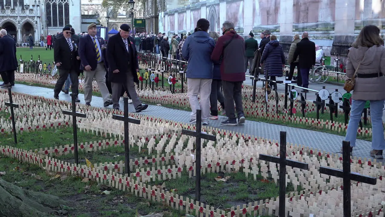 People walk past thousands of tiny wooden crosses with red poppies attached on Armistice Day at the Garden of Remembrance outside Westminster Abbey