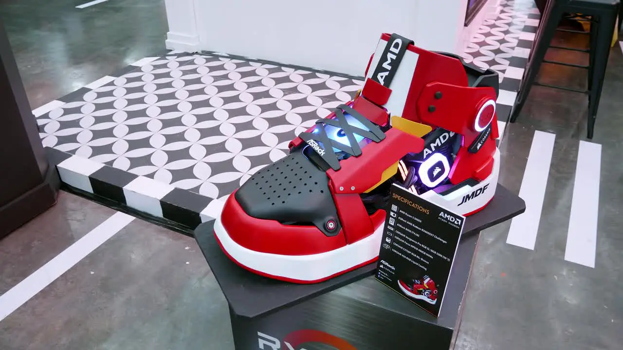 AMD CPU computer case is displayed in the form of a sports shoe case show