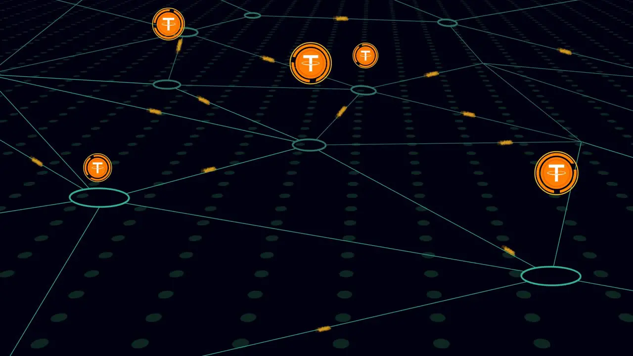 Animated 4k Tether Cryptocurrency Mining Process Shown on a Dark Background