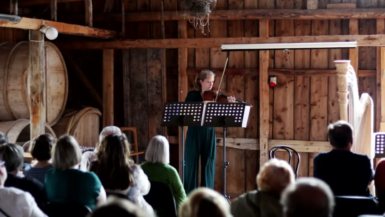 Violinist Woman playing violin in old barn