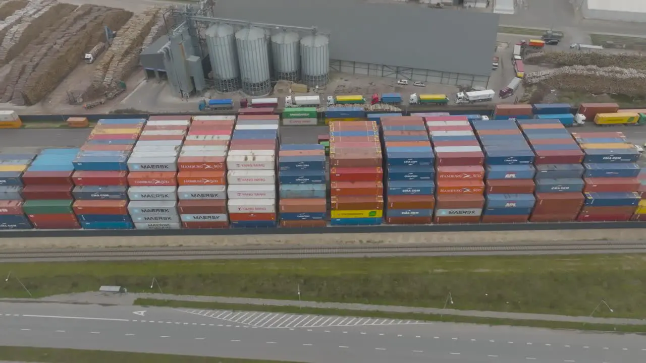 An aerial view shows cargo sea containers lined up in the container terminal in the port area in Klaipeda port