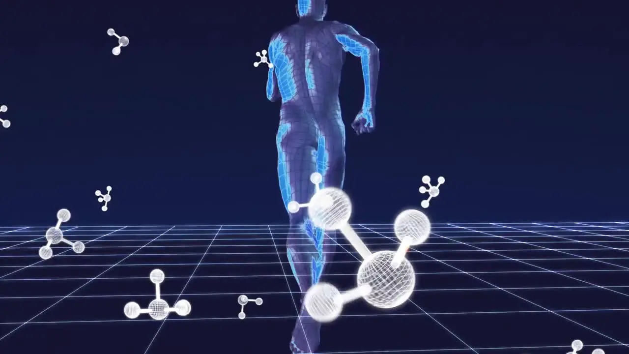 Animation of molecules over digital human model running on black background