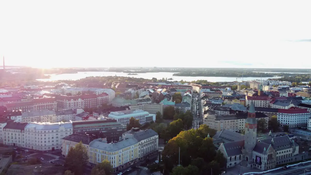 High key sunset aerial over Baltic harbour city of Helsinki Finland