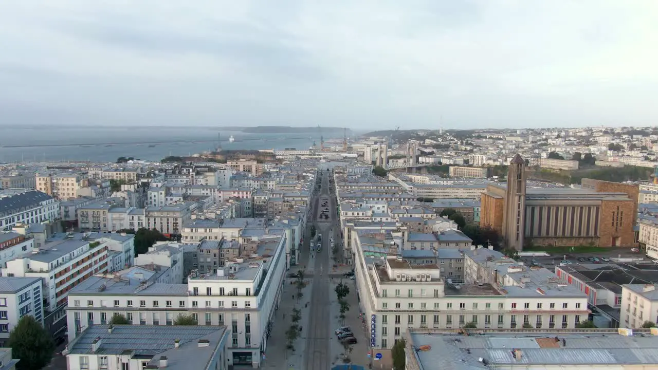 Aerial overview showing main street in city Brest in France