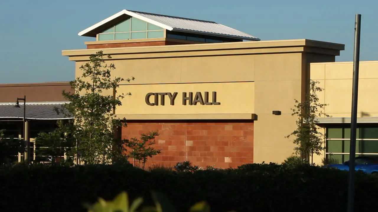 City Hall Anytown USA Wide Establishing Shot Afternoon Tracking Left