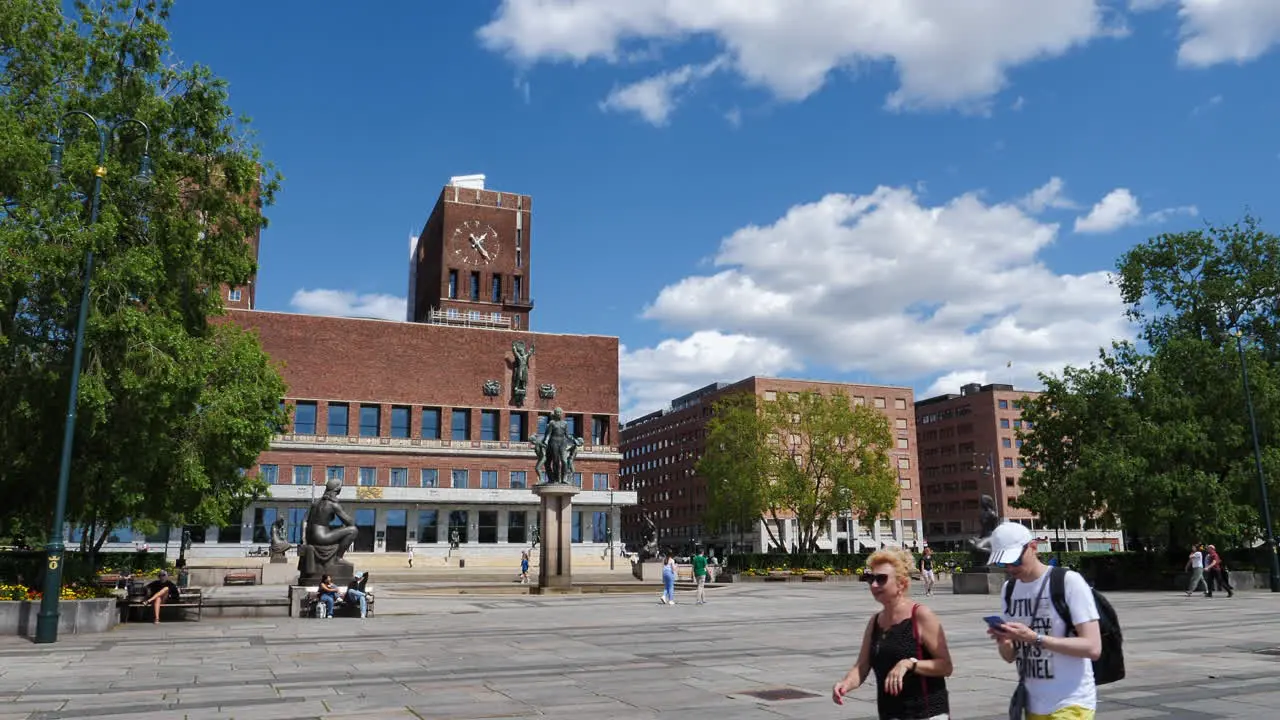 Oslo City Town Hall Square on a Summer's Day with People Walking By