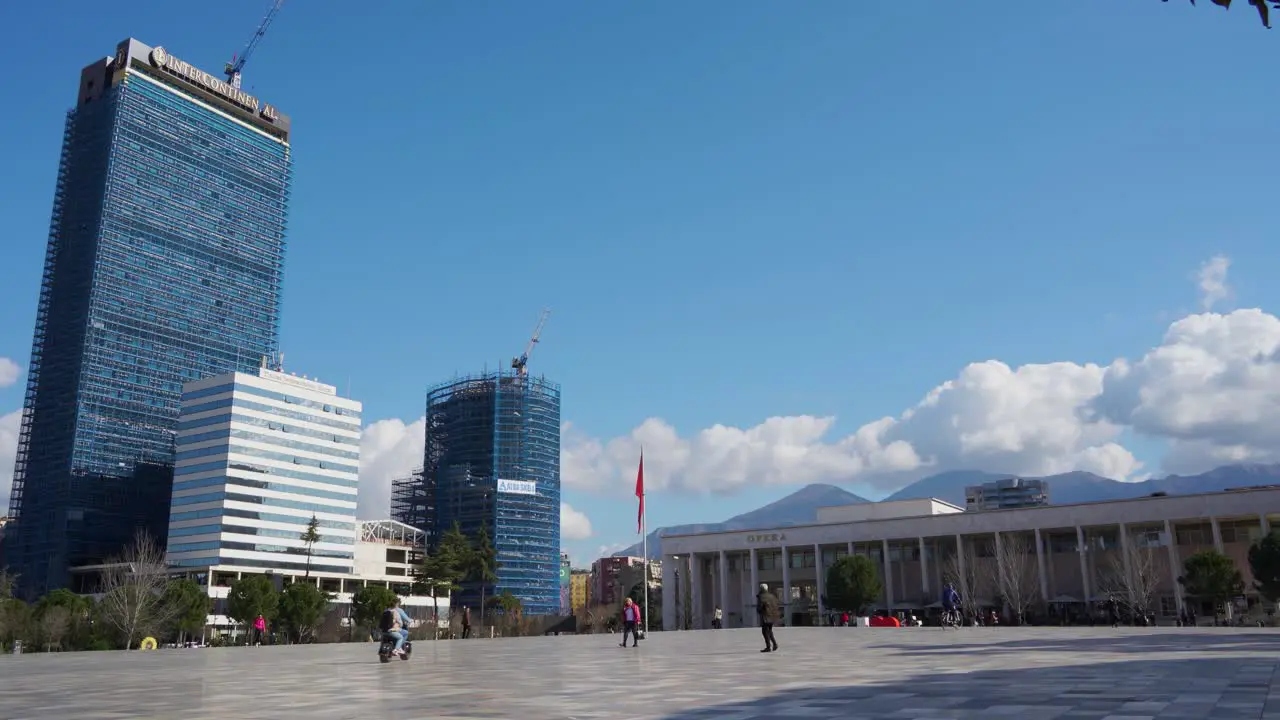 Tirana city center with main square surrounded by high buildings changing the cityscape