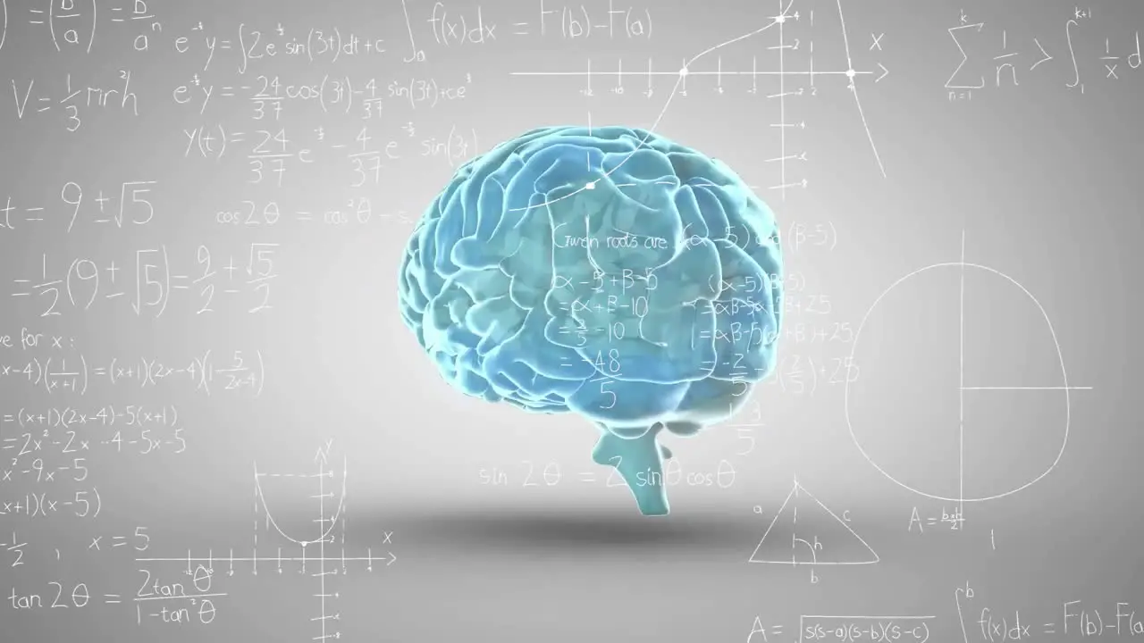 Animation of spinning brain over mathematical equations