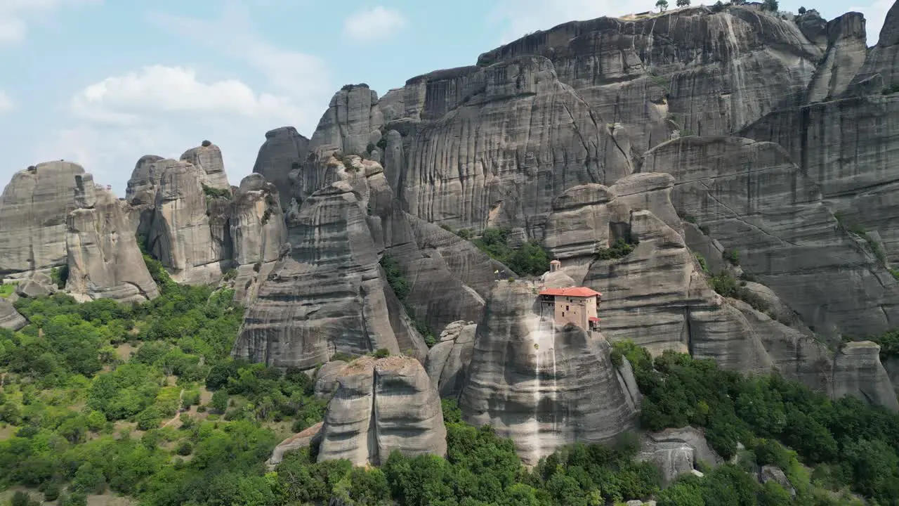 Meteora Mountains and Monastery in Thessaly Greece Mainland Aerial 4k