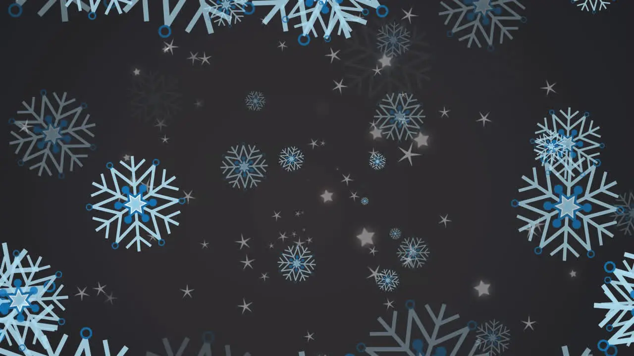 Animation of shining stars and snowflakes floating against grey background with copy space