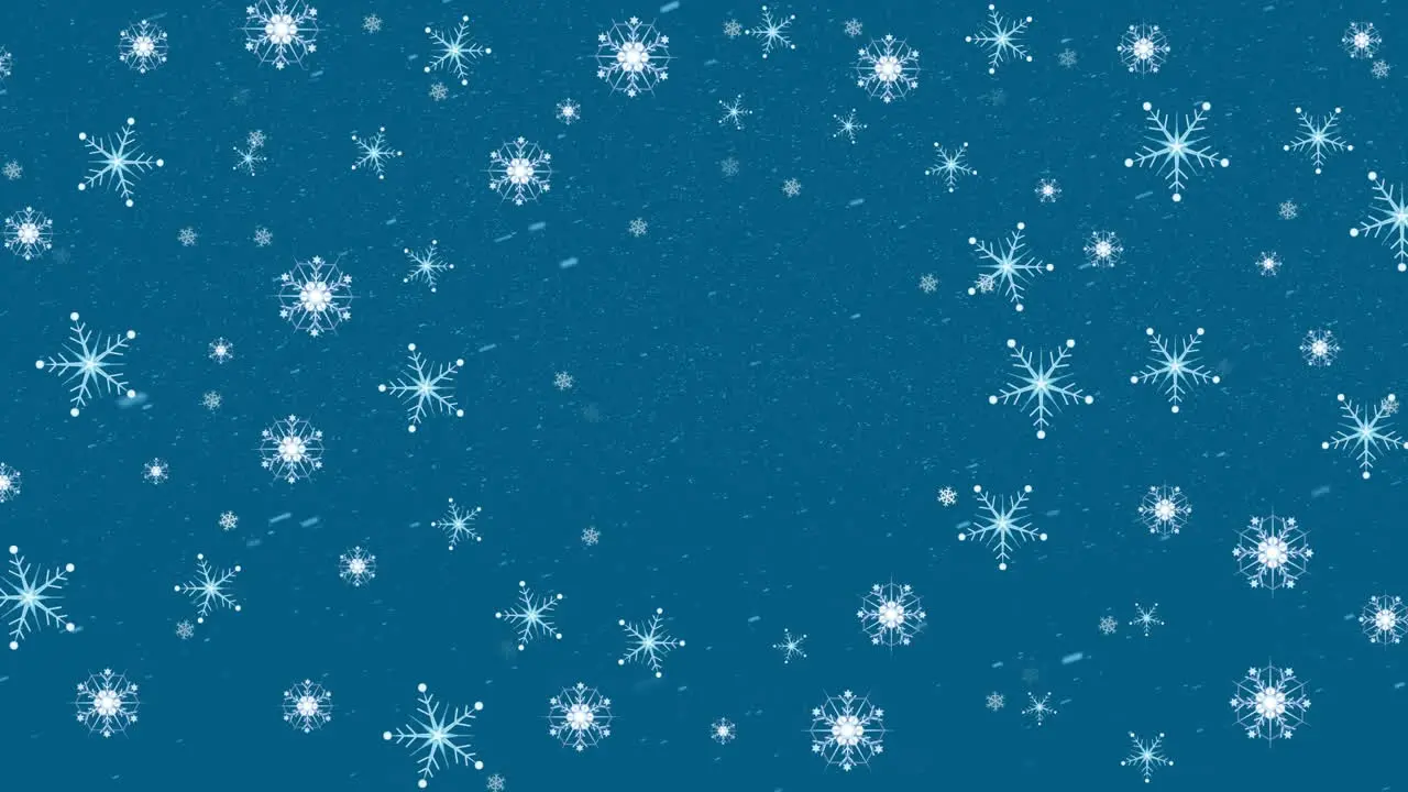 Animation of multiple snowflakes and white particles against blue background with copy space