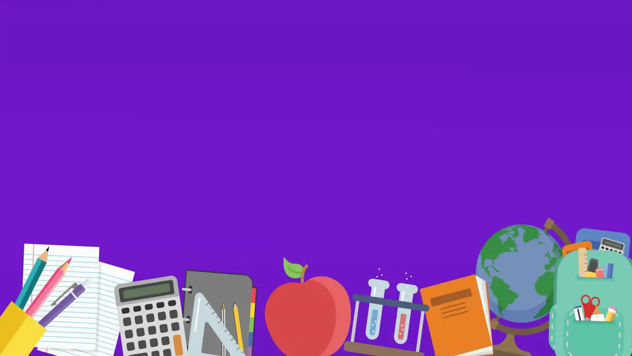 Animation of multiple school concept icons against purple background with copy space