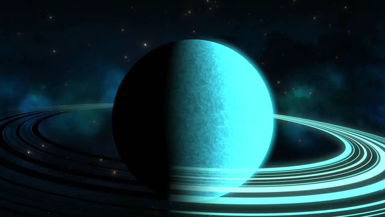 CGI zoom in towards aqua saturn-like alien planet with blue rings in front of blue green nebula space wide view