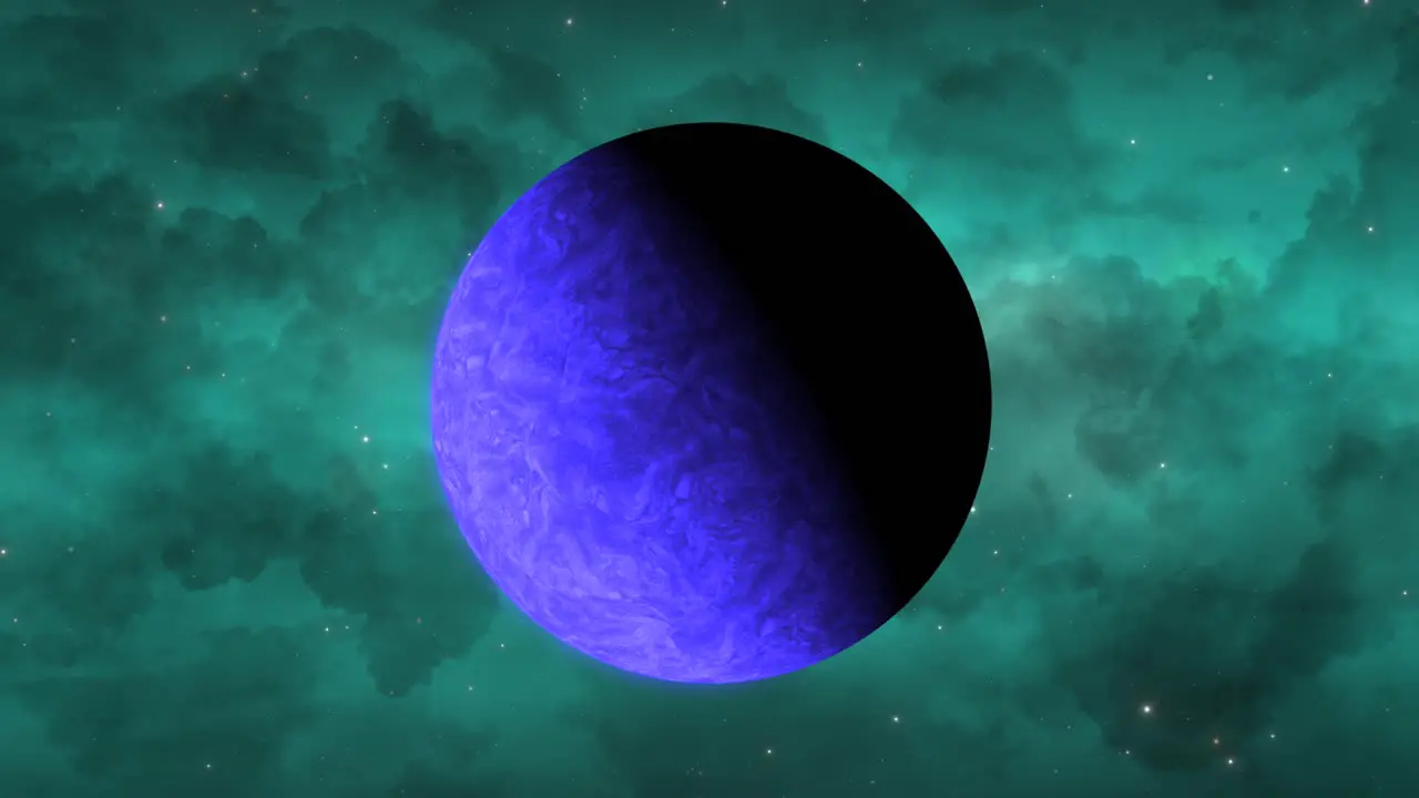 CGI close up of cloudy bright neptune-like blue alien planet slowly rotating in front view with a light green nebula cloud in the background deep space wide view