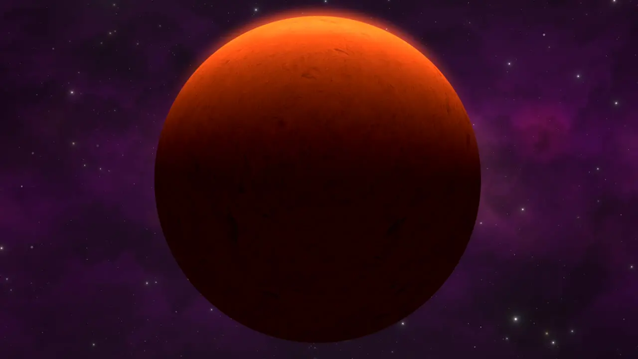 CGI close up of red planet floating in front the stars of a purple nebula in deep space universe wide view