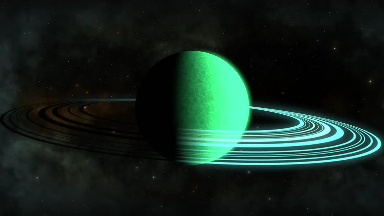 CGI green alien planet with rings in front of black cloudy nebula space wide view