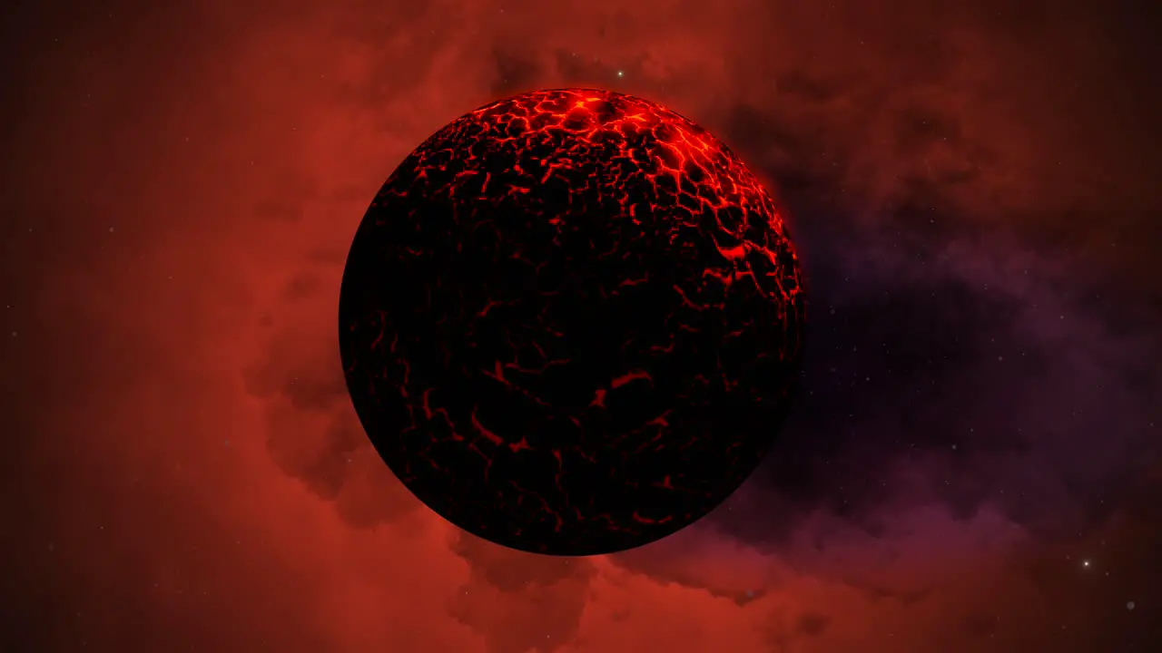 CGI alien fire planet in front of red and purple nebula space wide view