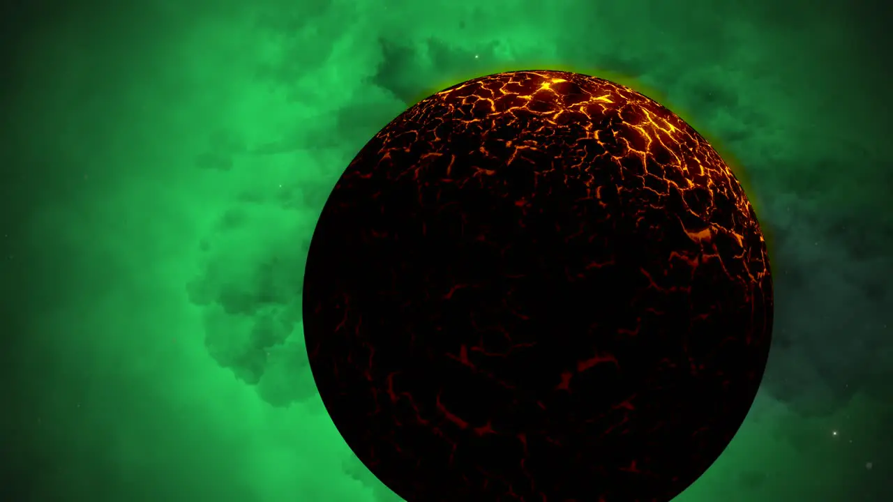 CGI Zoom in by sun like alien planet in front of green nebula space wide view