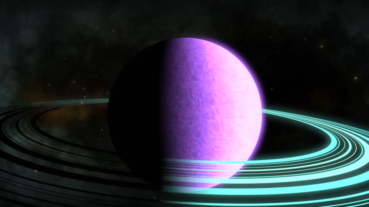 CGI zoom in towards purple saturn-like alien planet with blue rings in front of black cloudy nebula space wide view