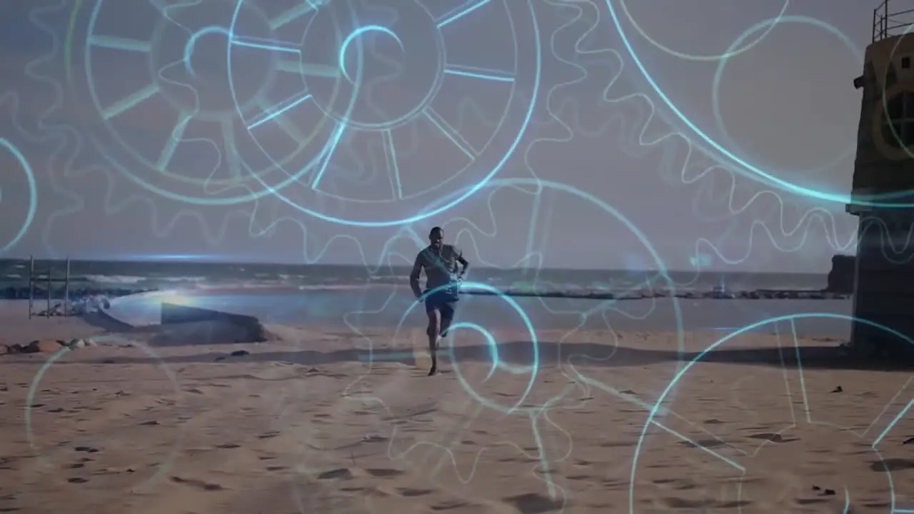 Animation of cogs spinning over man running on beach