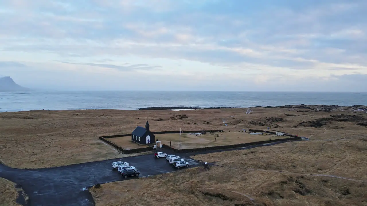 Budakirkja Church aerial shot Iceland