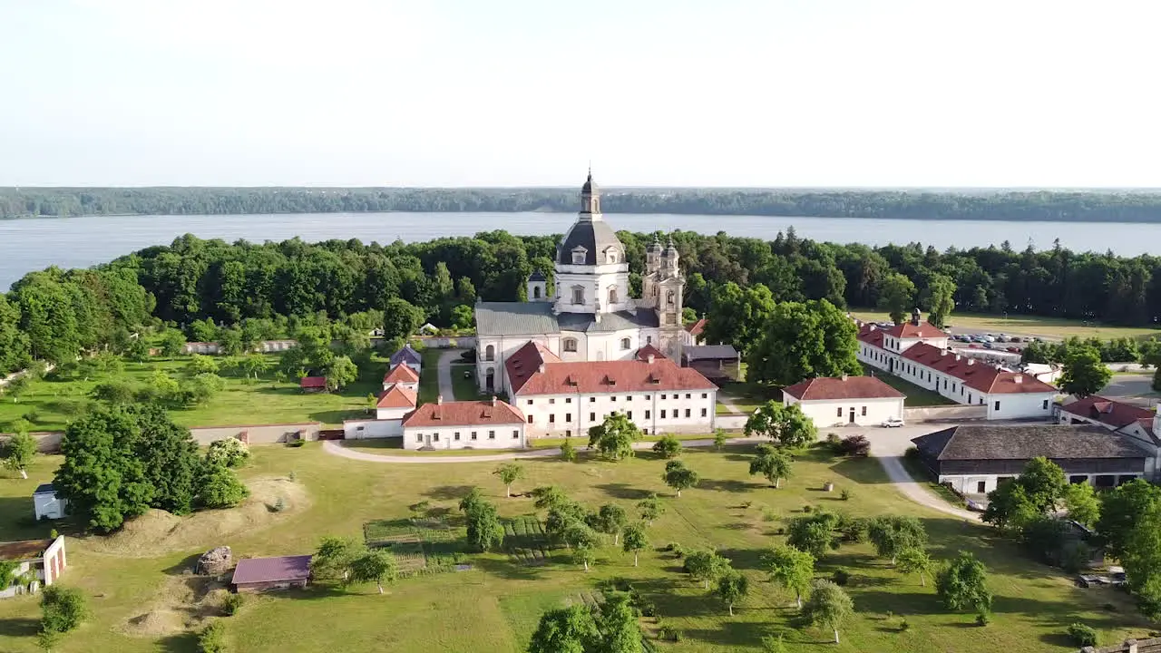 Panoramic aerial view of Pazaislis monastery complex in Kaunas city