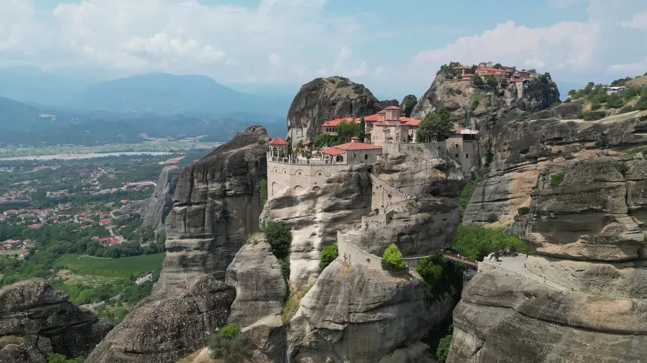 Meteora Monastery Popular Tourist Site Landmark in Thessaly Greece Mainland Aerial 4k