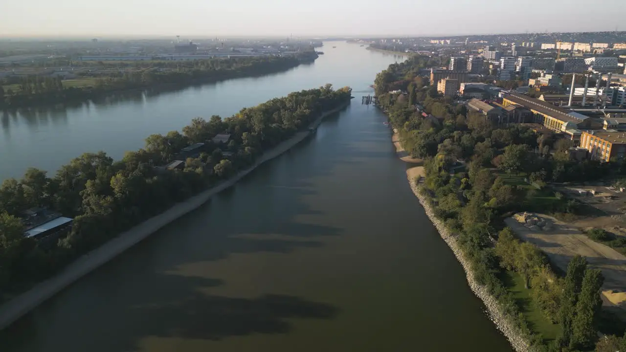 Drone Flies Above Bay next to Budapest's MOL Campus