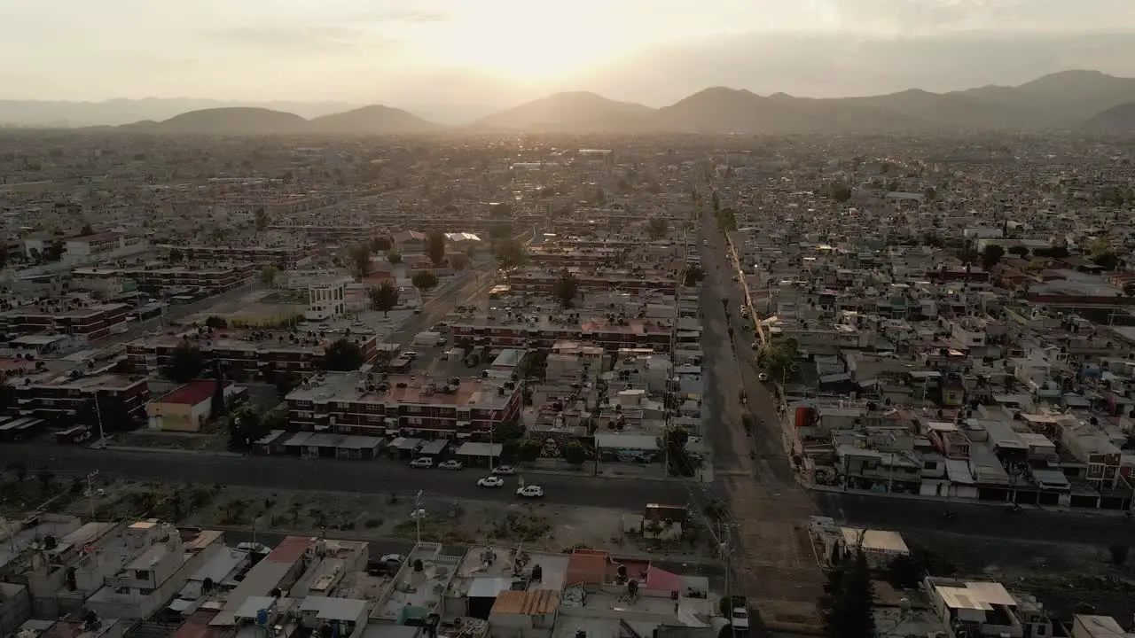 North of Mexico city at golden hour sunset drone aerial boom up Establishing shot