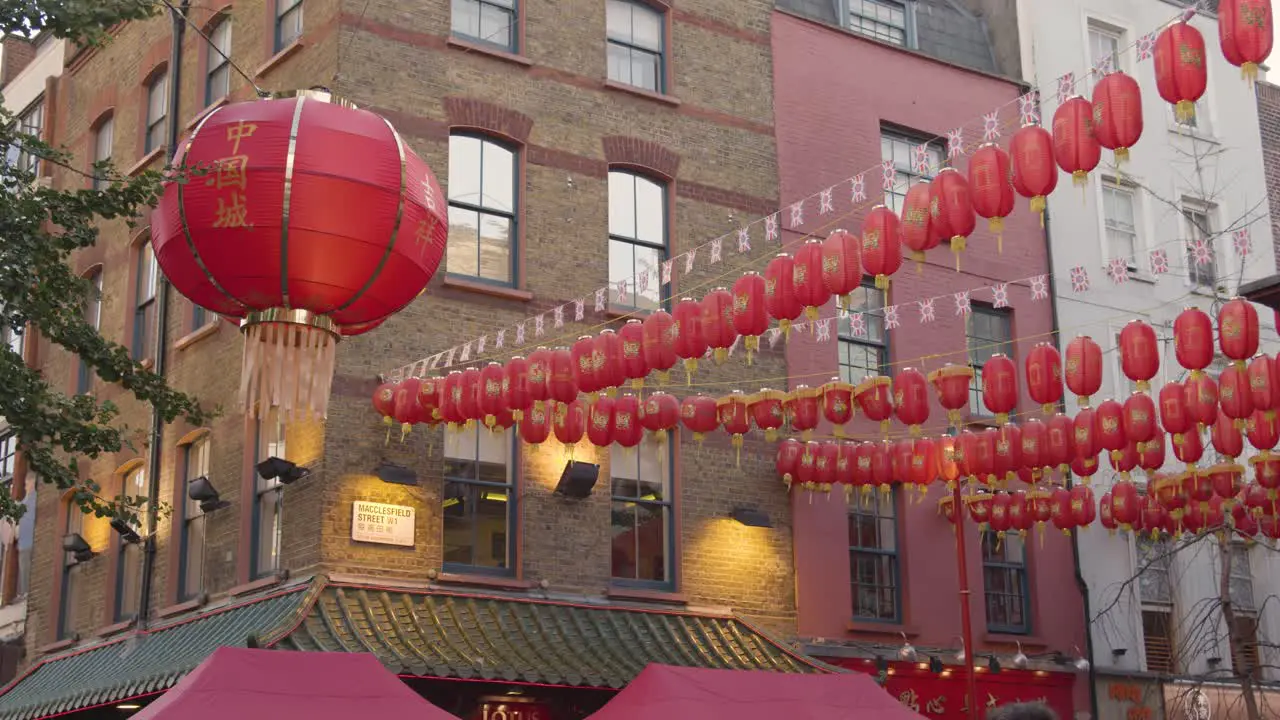 Close Up Of Paper Lanterns Decorating Gerrard Street In Chinatown In London England UK 1