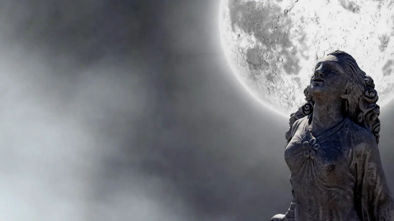 Animation of gray sculpture of woman over moon and clouds