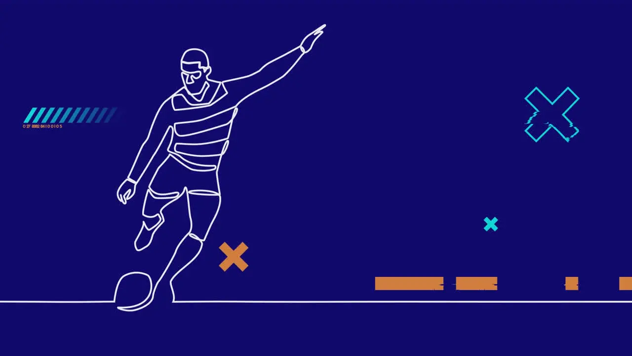 Animation of drawing of male rugby player kicking ball and shapes on blue background