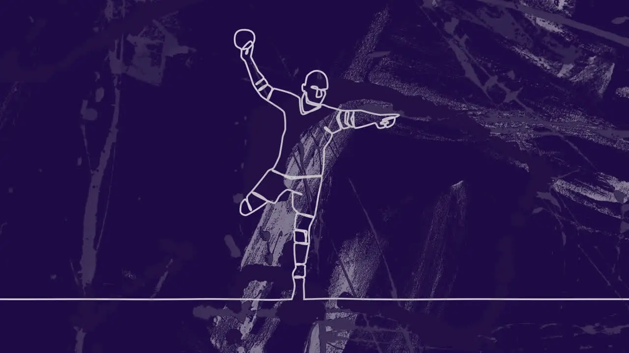 Animation of drawing of male handball player throwing ball and shapes on blue background