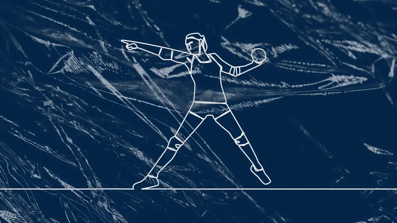 Animation of drawing of female handball player throwing ball and shapes on blue background