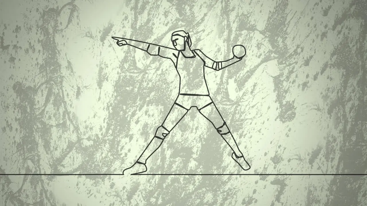 Animation of drawing of female handball player throwing ball and shapes on white background