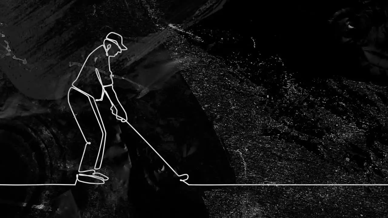 Animation of drawing of male golf player and shapes on black background