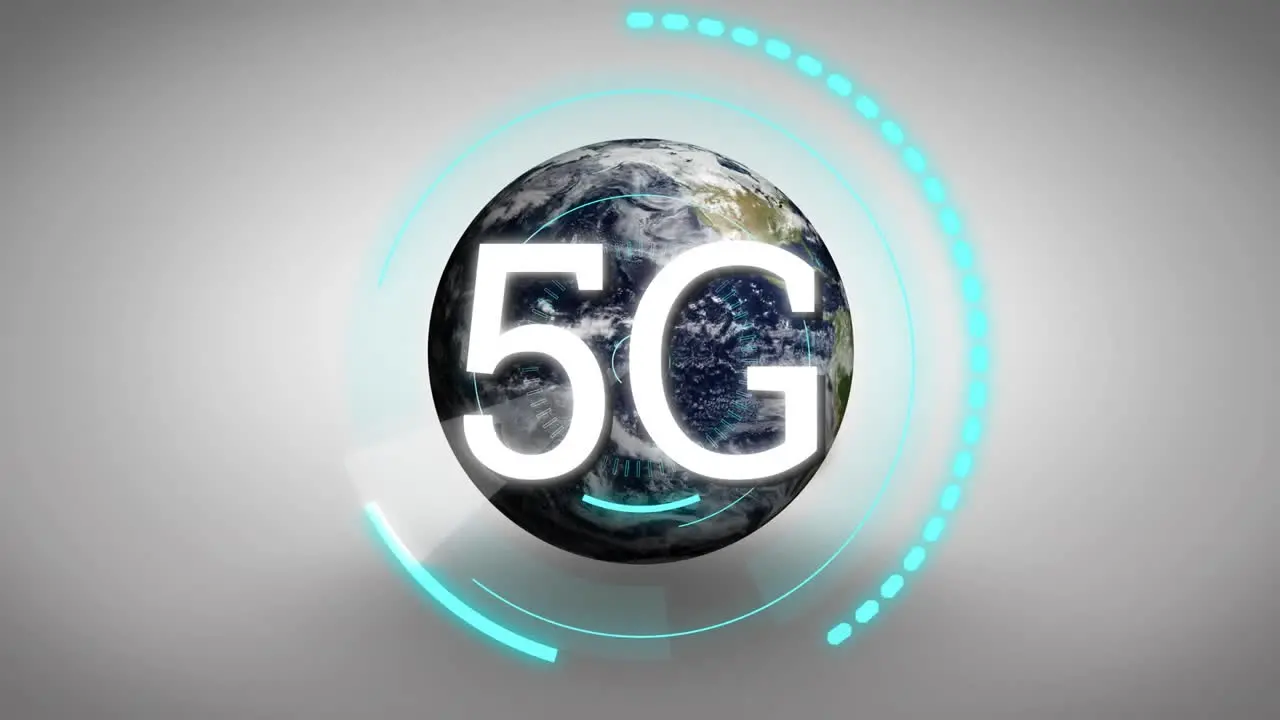 Animation of radar 5g text and globe in loading circle over abstract background