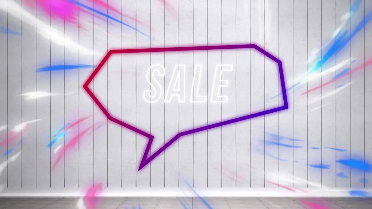 Animation of sale text in retro speech bubble over abstract background