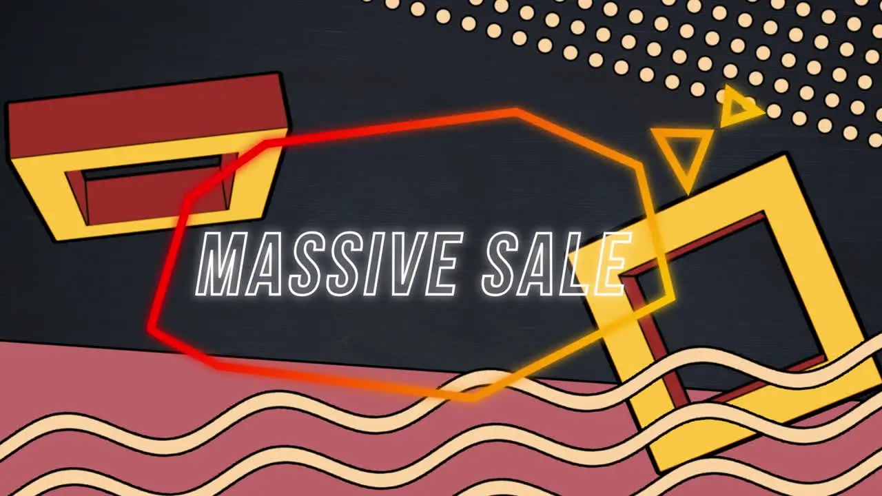 Animation of massive sale text in retro speech bubble over abstract background