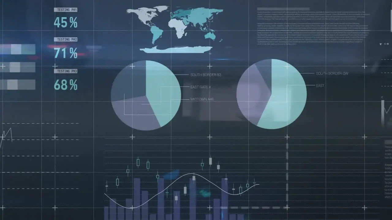 Animation of multicolored infographic interface over landscape against sky