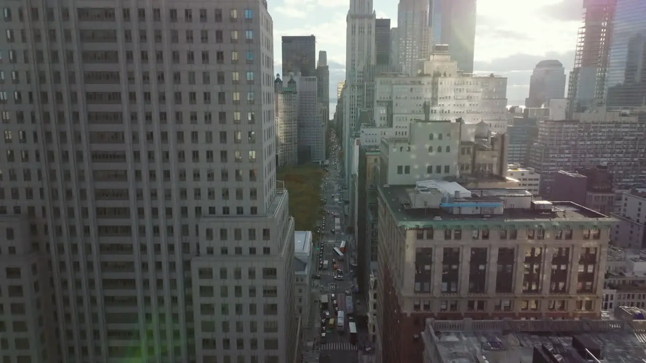 Rising shot of high rise downtown buildings Tall office towers around City hall park Manhattan New York City USA