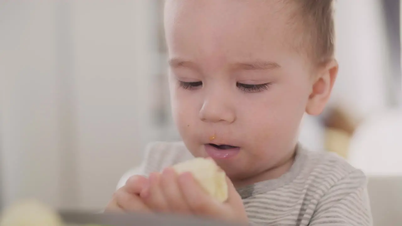 Close Up Of An Adorable Baby Boy Eating Banana At Home